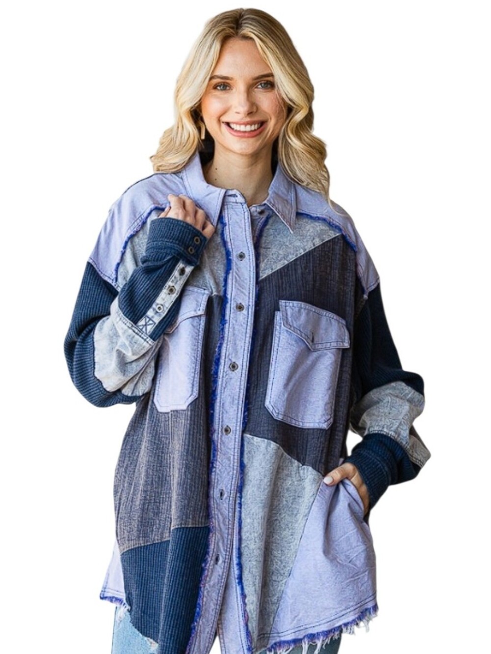 OLI & HALI Patchwork Shacket Oversized Boho Mixed Media Button Front Top